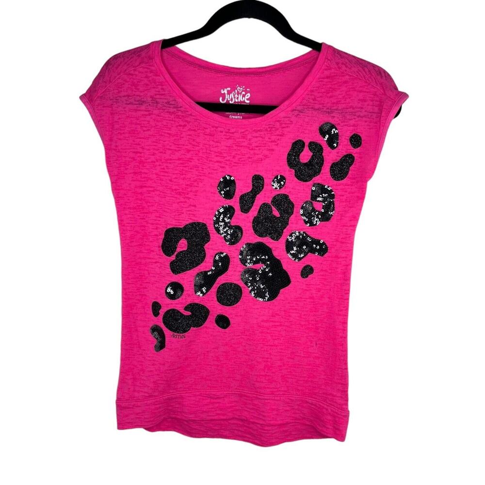 Justice‎ Pink Black Paw print Girls Burnout Shirt Sz 10 Cap Sleeves Sequins EUC